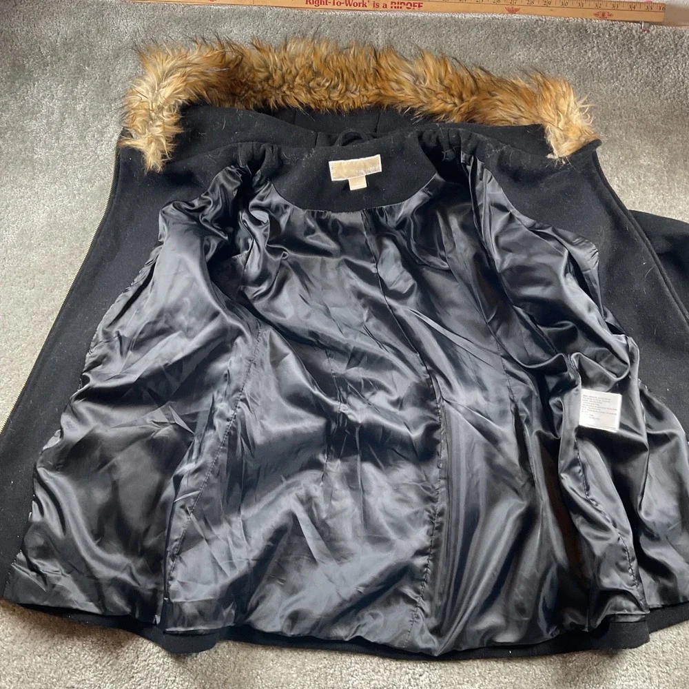 Michael Kors Womens Black Wool Blend Faux Fur Hooded Military‎ Coat Size 12